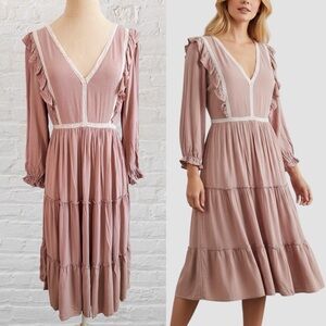 In Loom Dusty Rose Boho Ruffle-Trim Long Sleeve Midi Dress